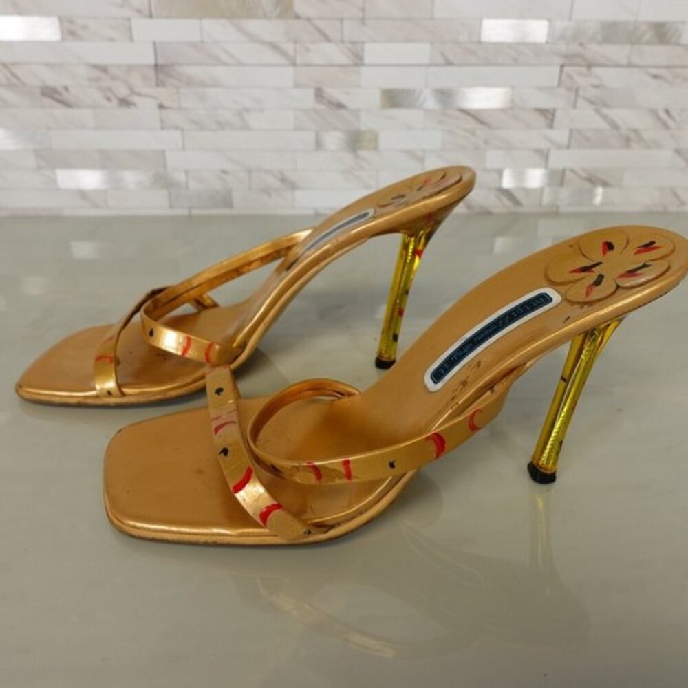 Y2K Italian Heeled Sandals Women 6 37 Gold Metallic Strappy Mule Slides Stiletto